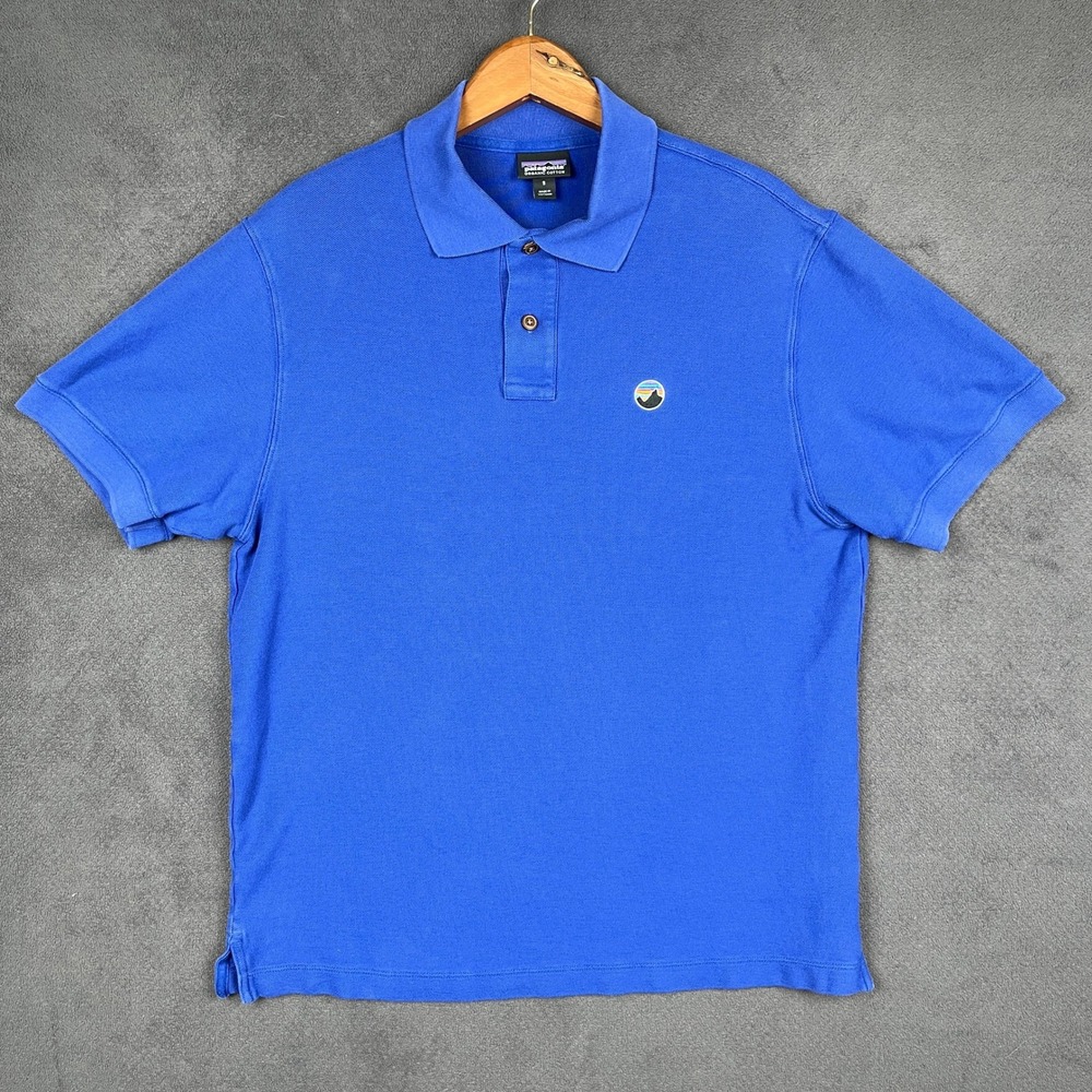 Patagonia Fitz Roy Emblem Polo Shirt Mens Small Blue Cotton Pique Short Sleeve